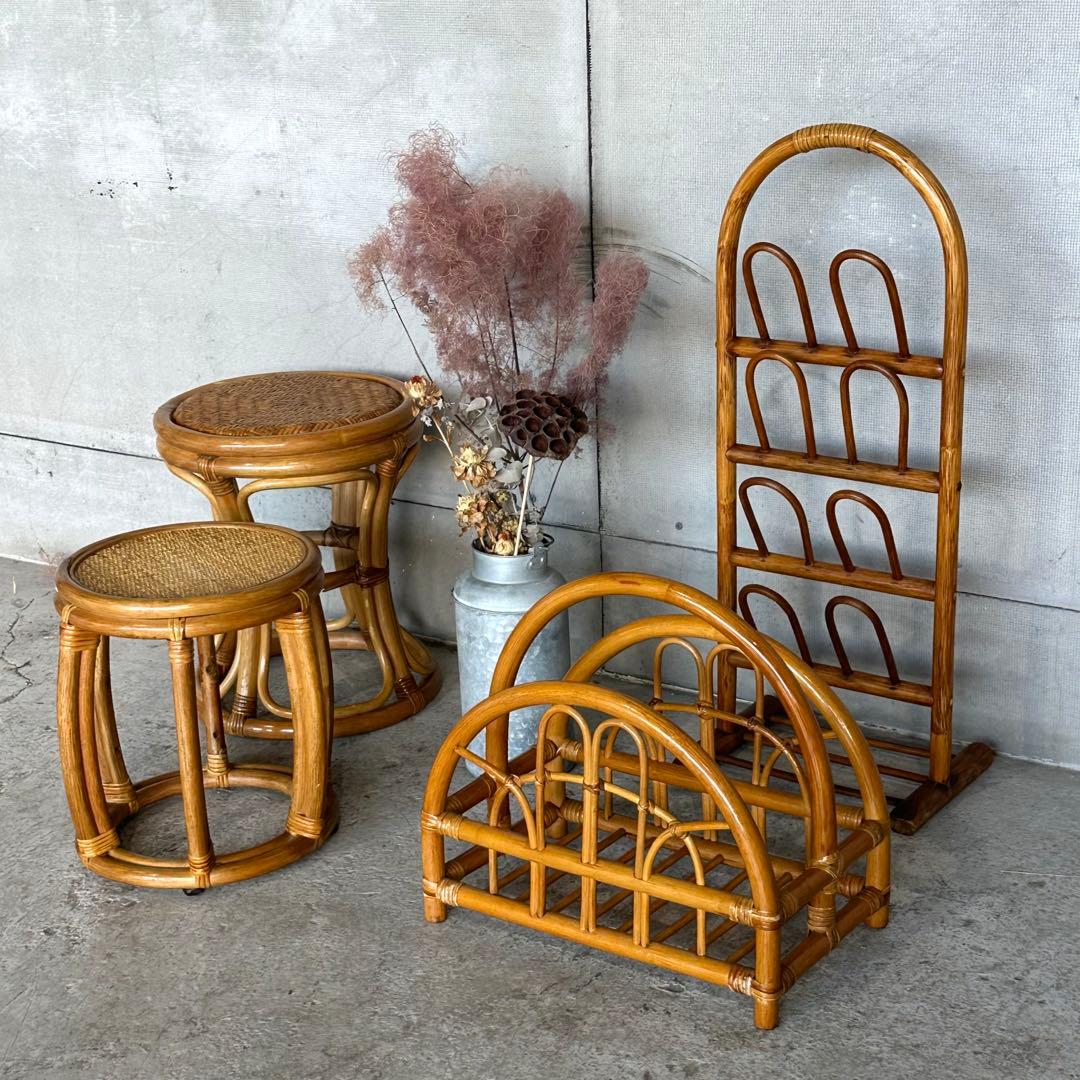 ꧁オールドラタン꧂昭和レトロ✧ラタン家具4点セット スツール＆ラック