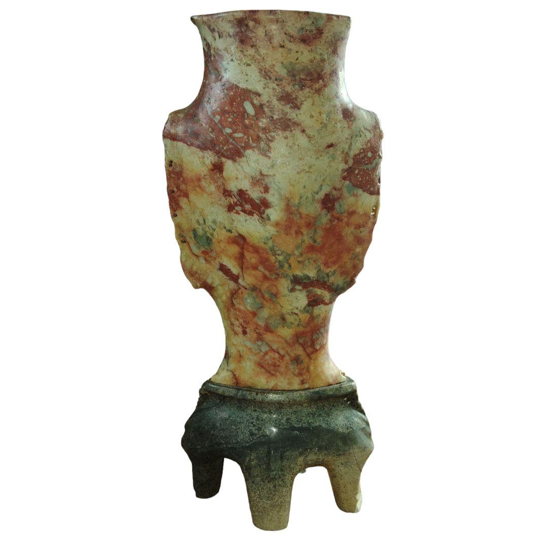 中国寿山石(印材)　草花文彫刻花瓶　置物　瑪瑙