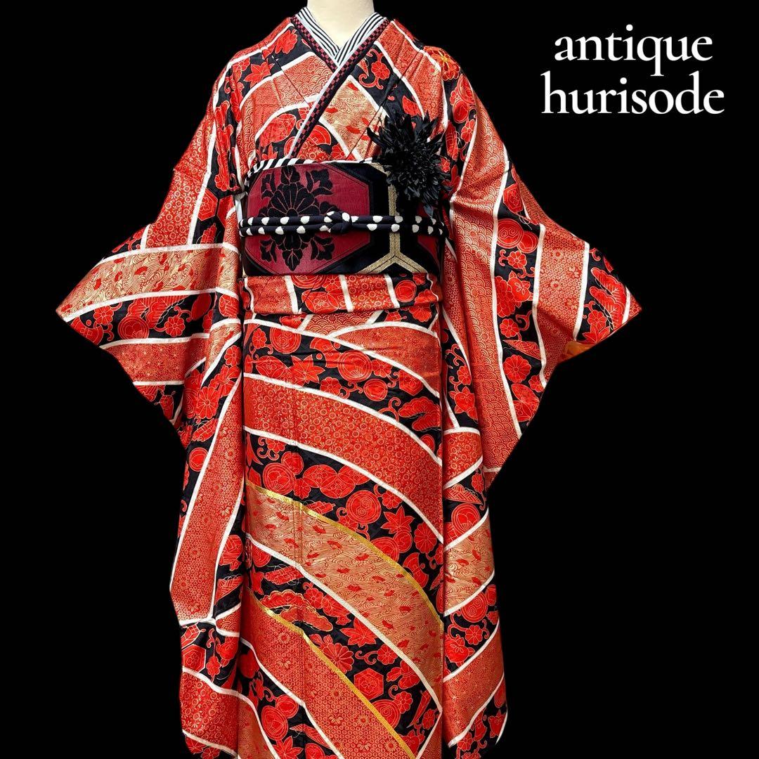 (あ996)赤黒白金 祝い柄の荒波のような斜めストライプ振袖㊗️⑤点セット