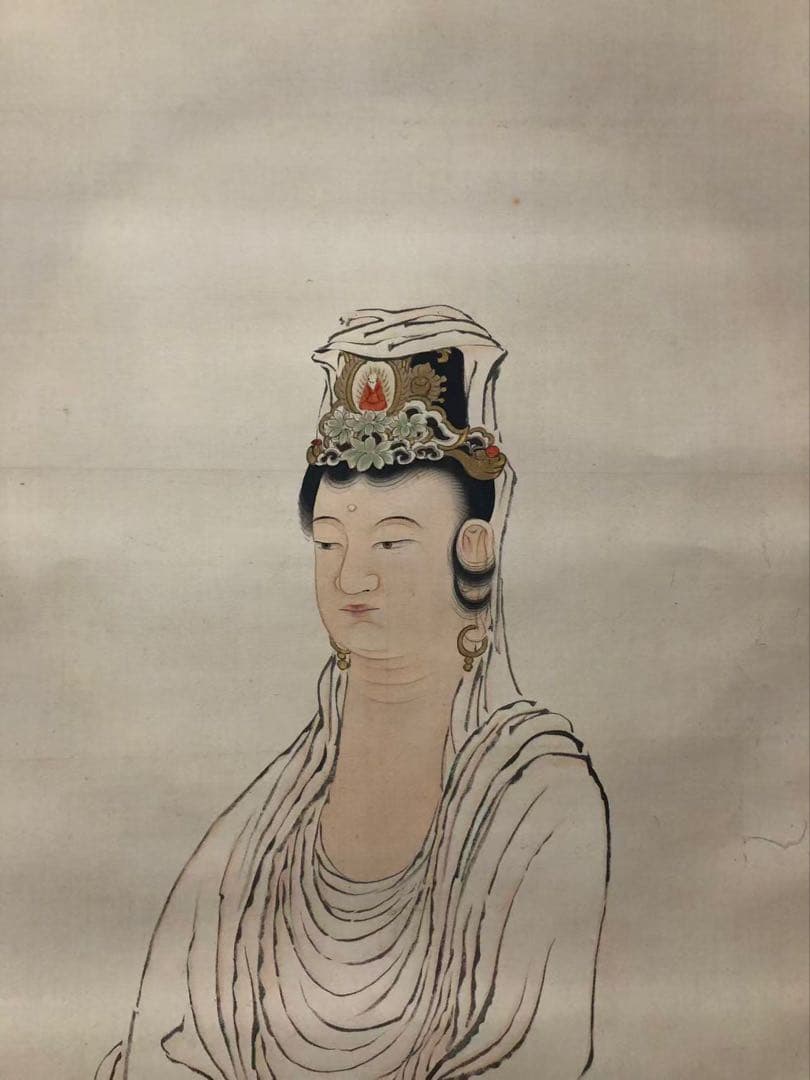 掛け軸　佛画 金鳞 絵［観音図］絹本　肉筆　木箱無！