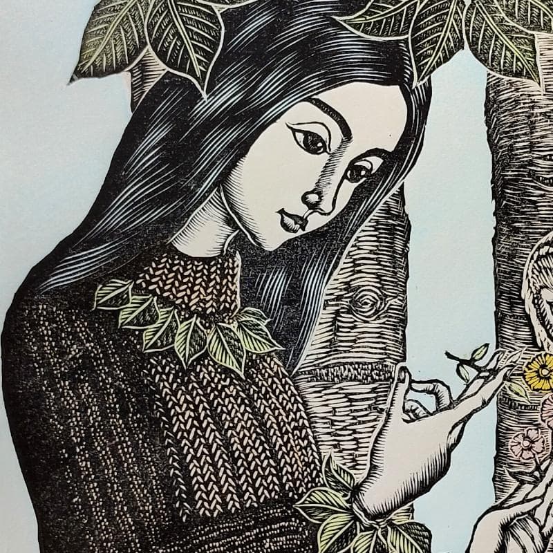 ☆手島圭三郎☆「ふくろうと少女、花」木版画　全紙サイズ　未使用額！