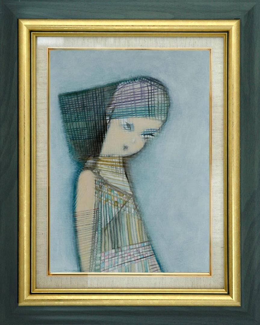 油絵 菅家令子 絵 絵画インテリア額付(青緑＋金色の枠) F4-071312女性