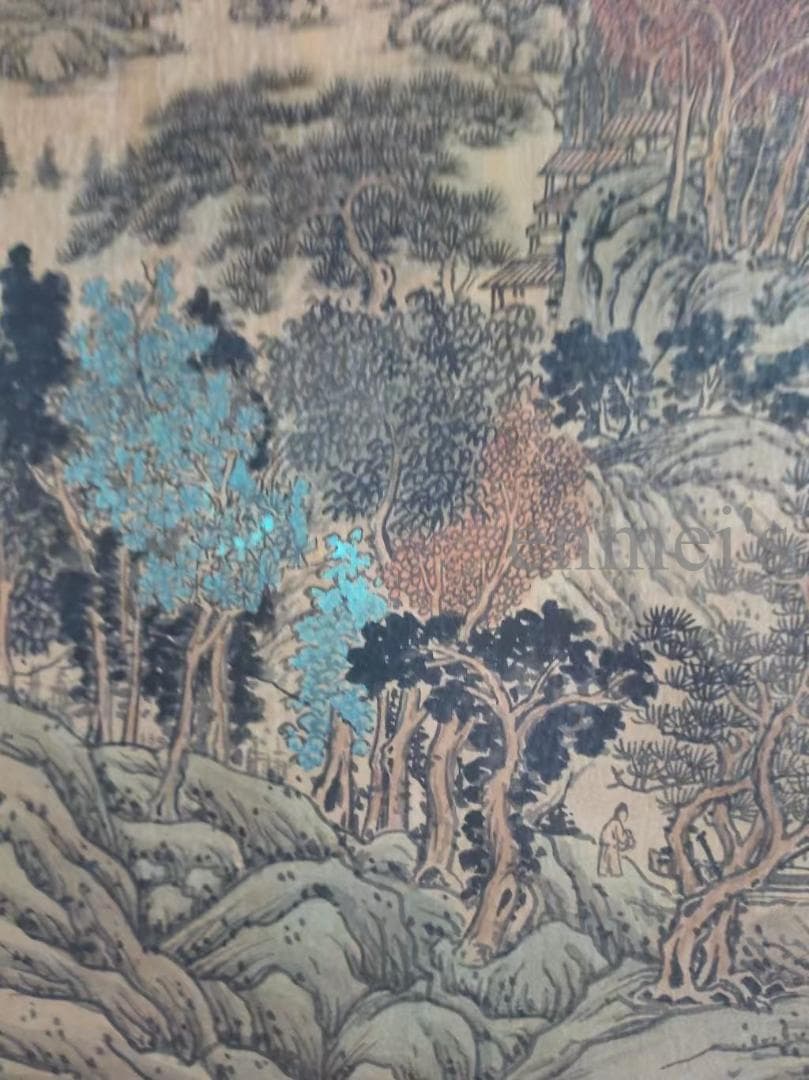 中国古美術 明代 文徴明作款 山水画 水墨画 絹本 三尺 手描き 掛け軸 肉筆