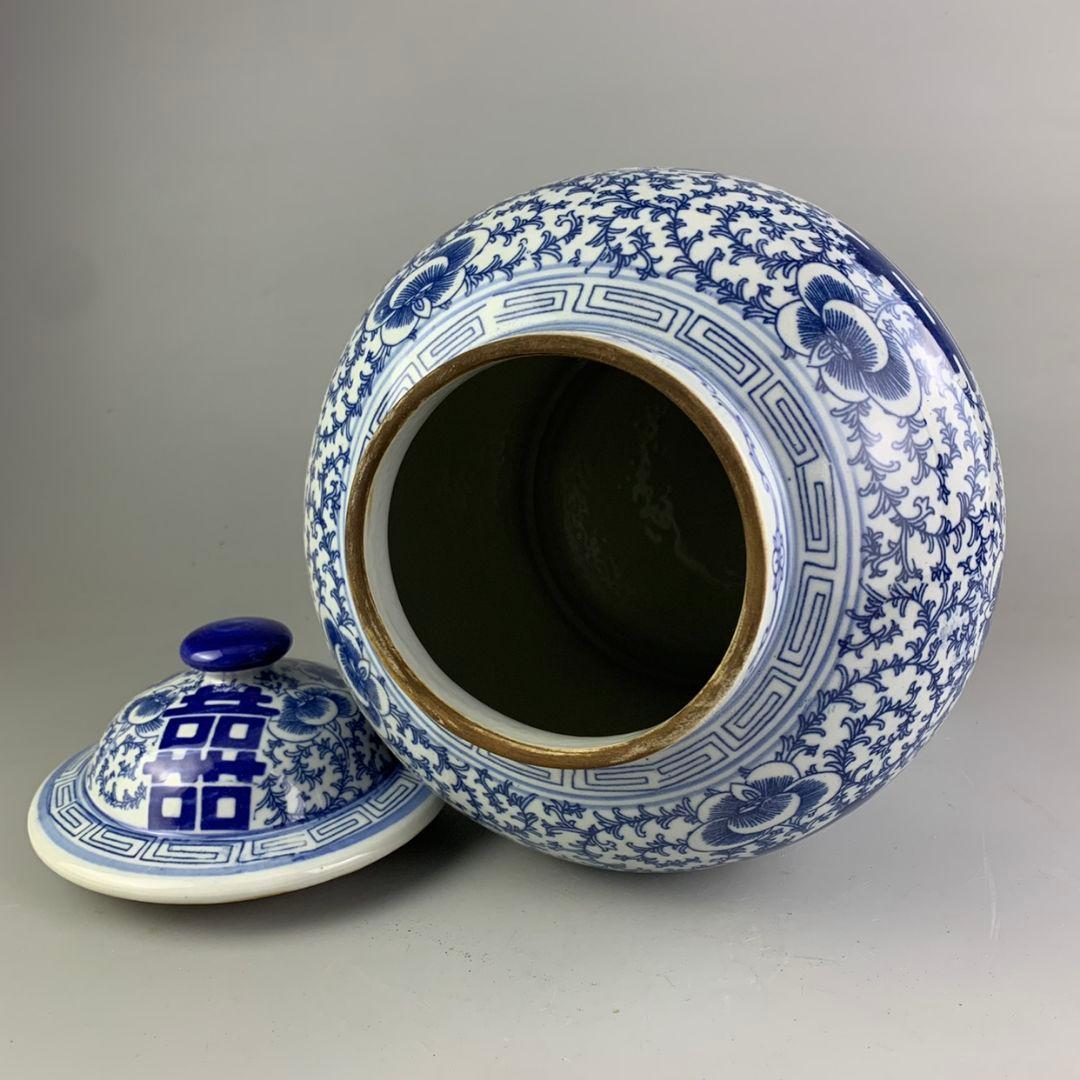 青花喜字紋将軍缶 景徳鎮 陶磁器 装飾品 現代工芸品 美術品 置物