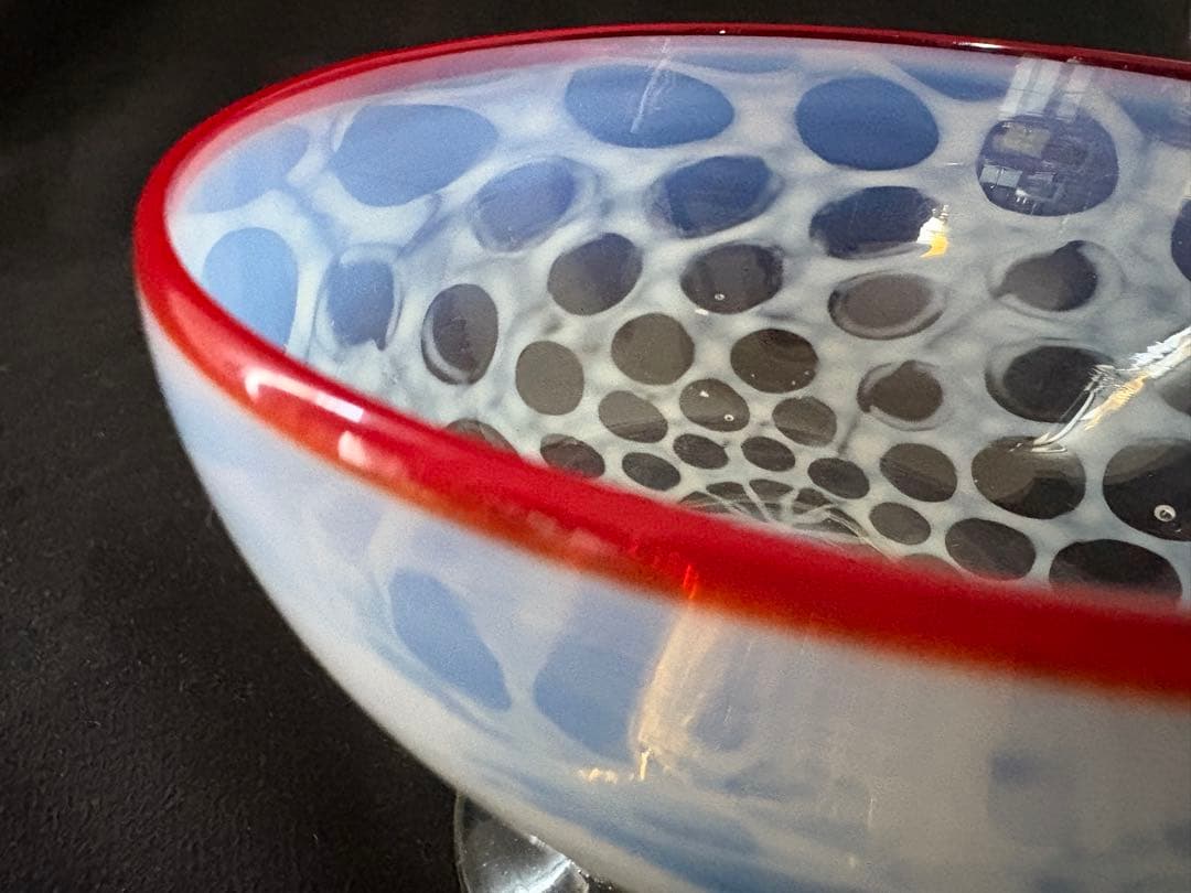 大正ガラス　和ガラス　氷カップ　朱色縁　水玉模様　ドット模様　アンティーク