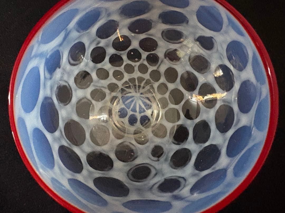 大正ガラス　和ガラス　氷カップ　朱色縁　水玉模様　ドット模様　アンティーク