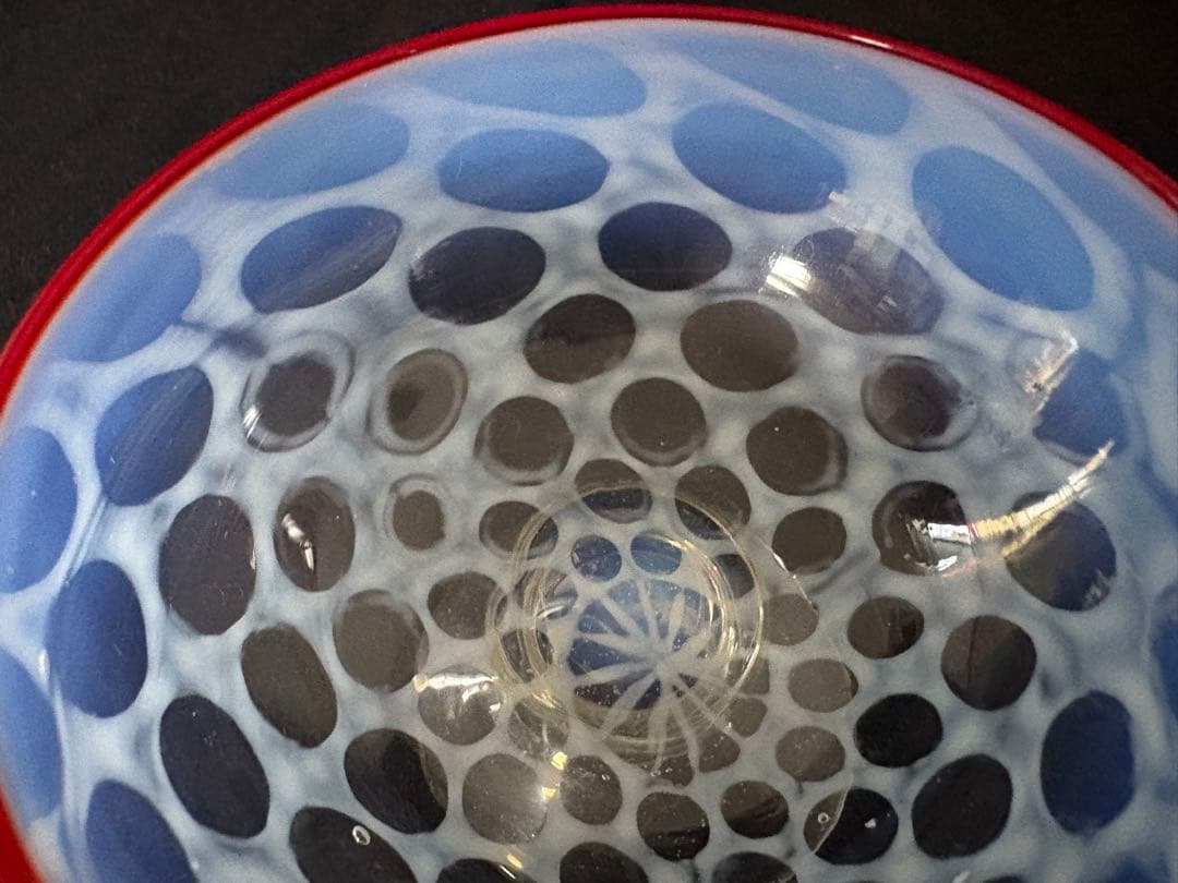 大正ガラス　和ガラス　氷カップ　朱色縁　水玉模様　ドット模様　アンティーク