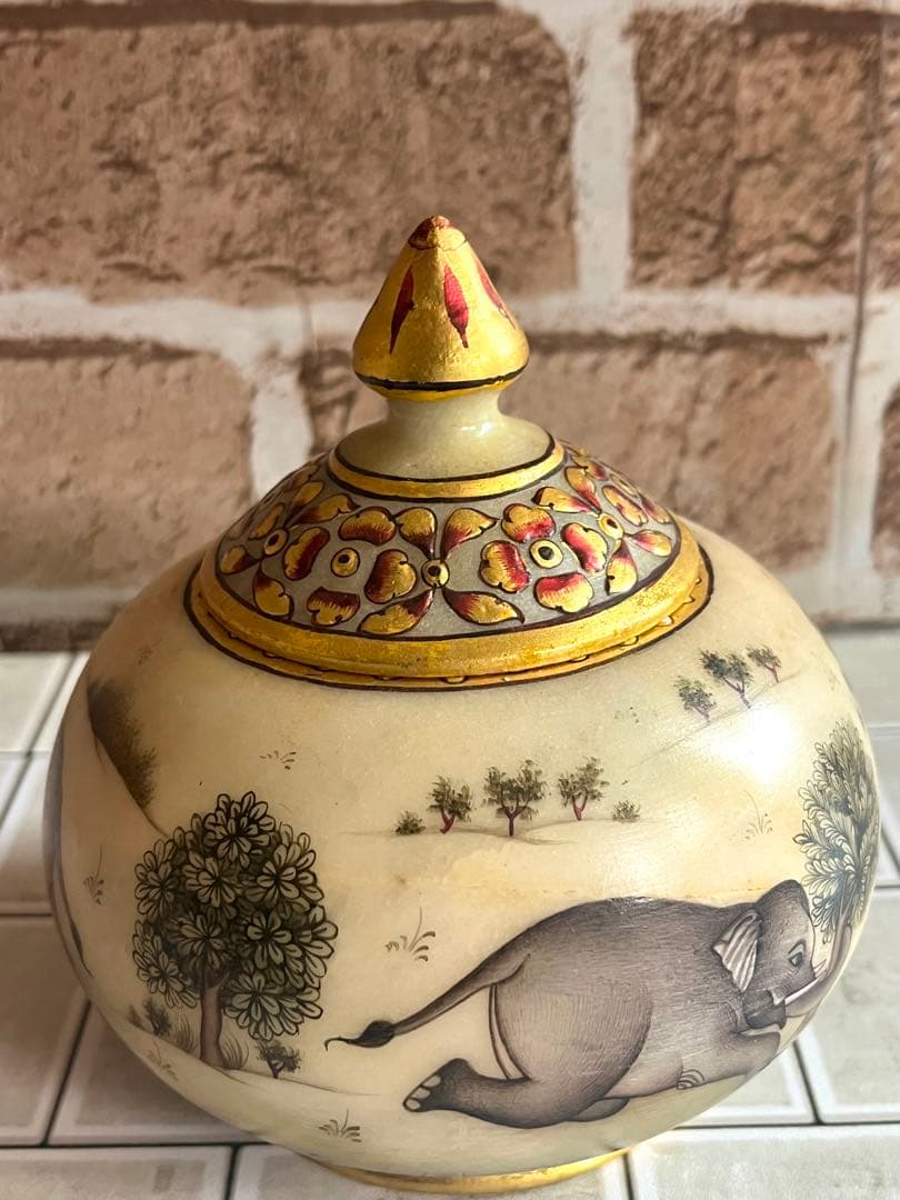 定価25,000円 手描き 象細密図 大理石 小物入 金彩仕上げ マハラジャ様式