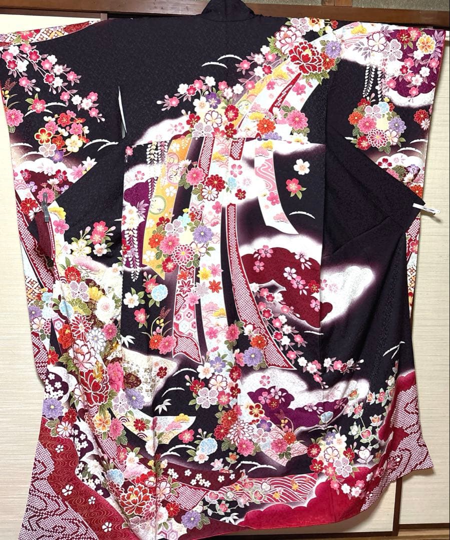 黒鳶色 和花 束ね熨斗 振袖 身丈160
