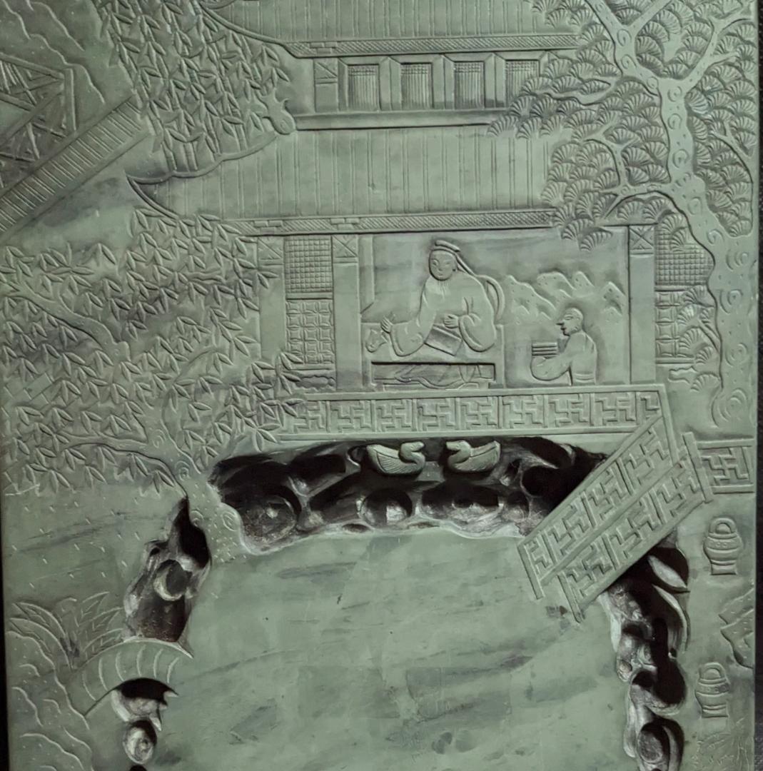 【蘭亭硯】◆五台山緑石の特大加厚硯◆群微点状波紋の潤緑美石◆唐木天地蓋◆王羲之