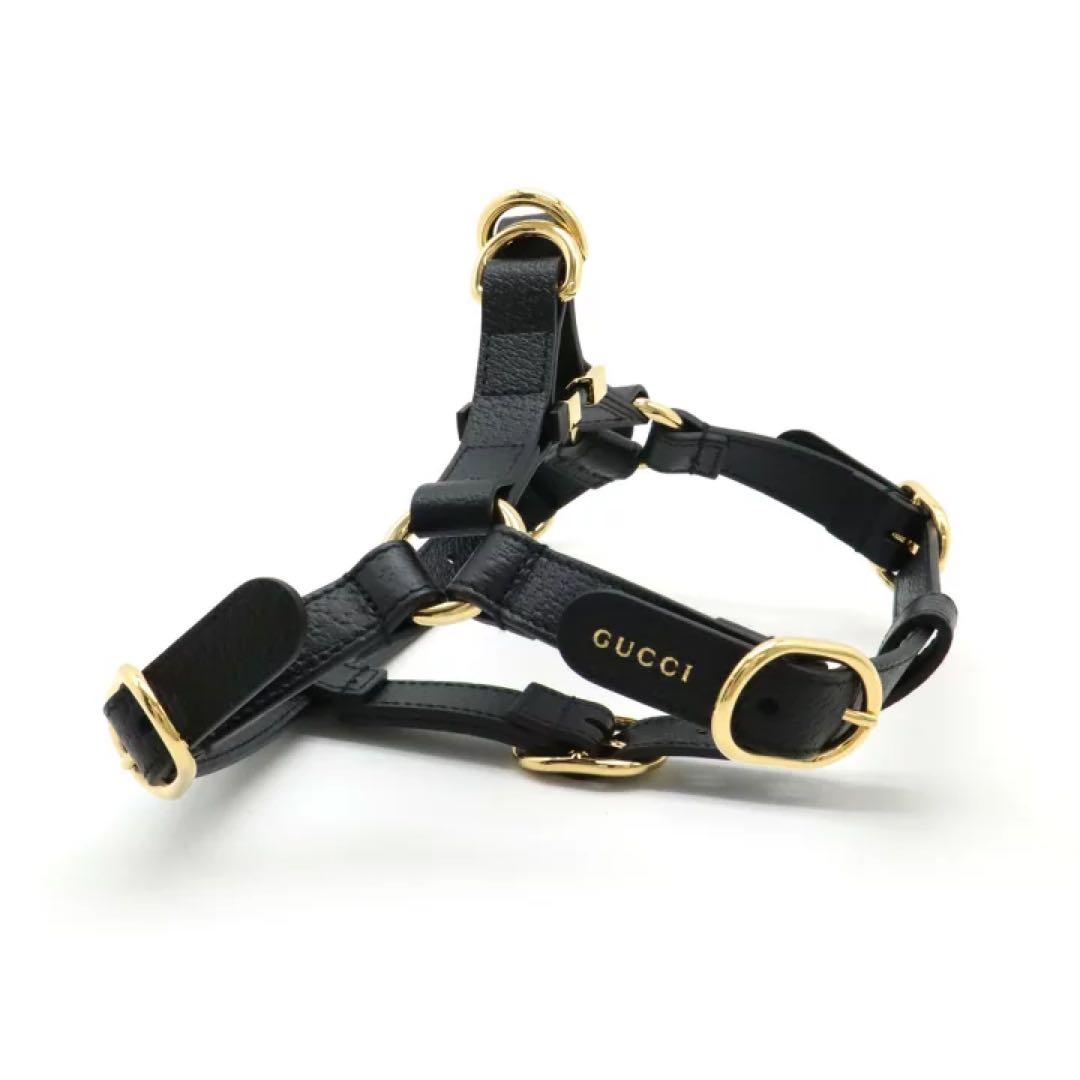 【新品】GUCCI 犬 ハーネス ロゴ入り ペット ブラックレザー ゴールド