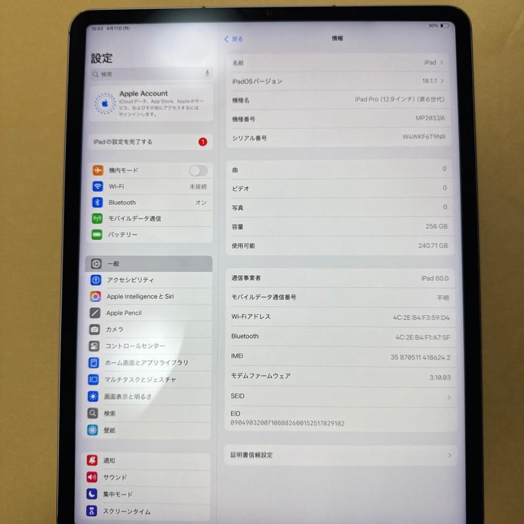 08094 M2 iPad Pro 12.9 6世代 simフリー 256GB
