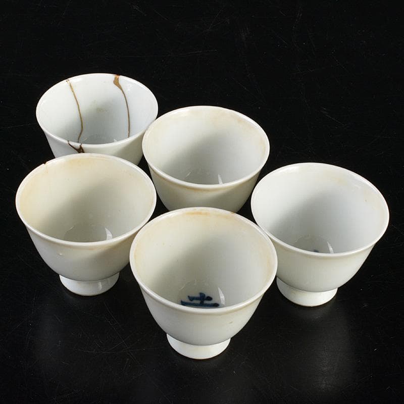 中国　南京白磁　染付寿文　煎茶碗　五客　時代箱付　金継ぎ直しあ　M　R6911