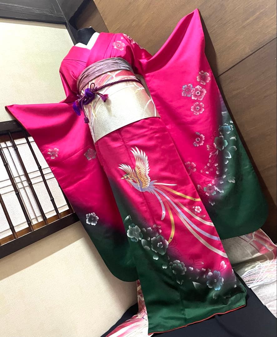 振袖 フルセット6点M〜Ｌ花鳥文　辻が花　暈し染め　金銀彩　正絹