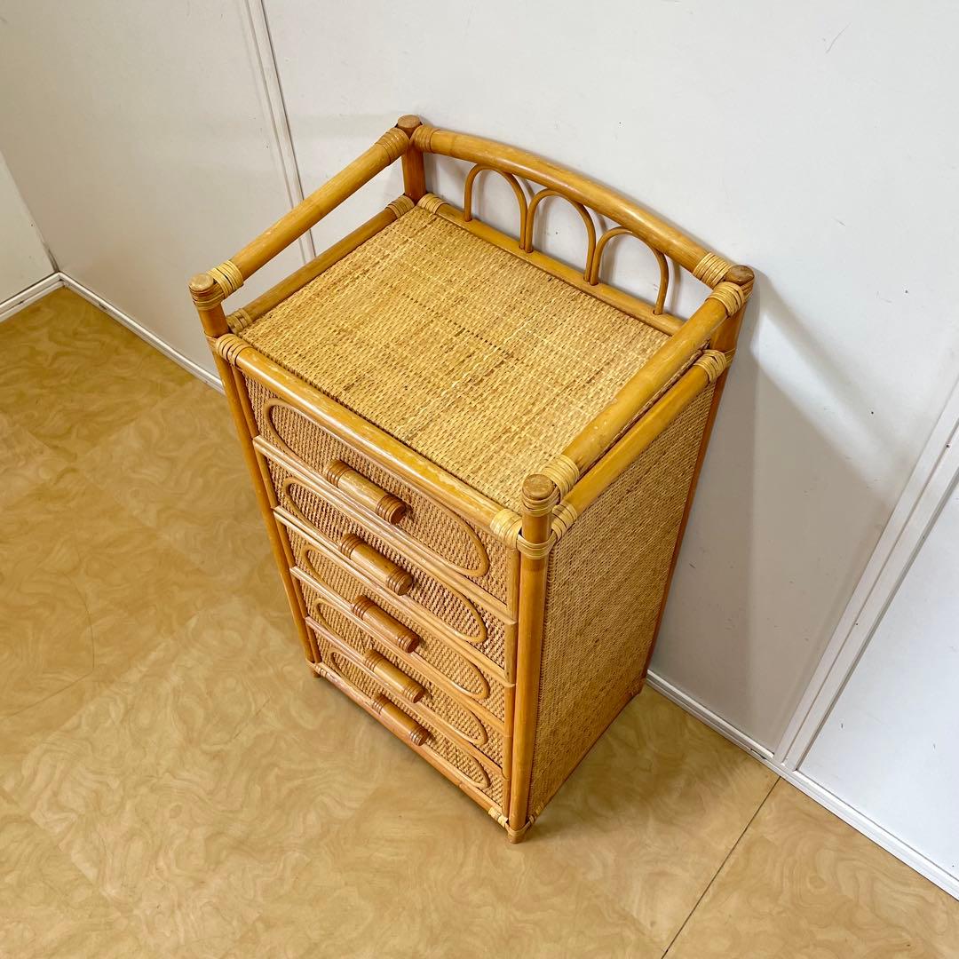籐 ラタン 5段チェスト 引き出し 収納 タンス 電話台 スリム ビンテージ