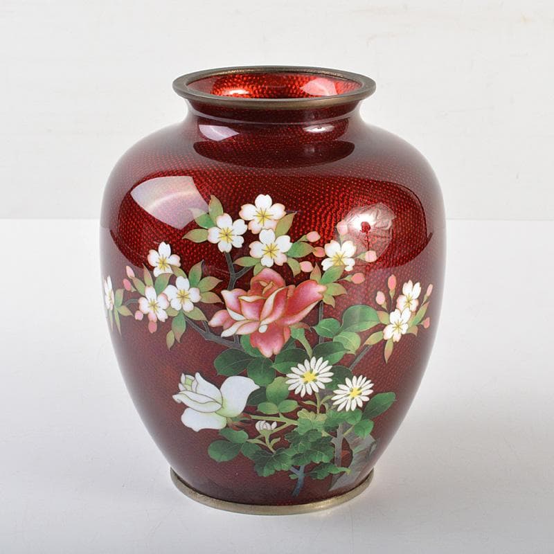 七宝焼　安藤七宝　赤透　花文　花瓶　C　6293