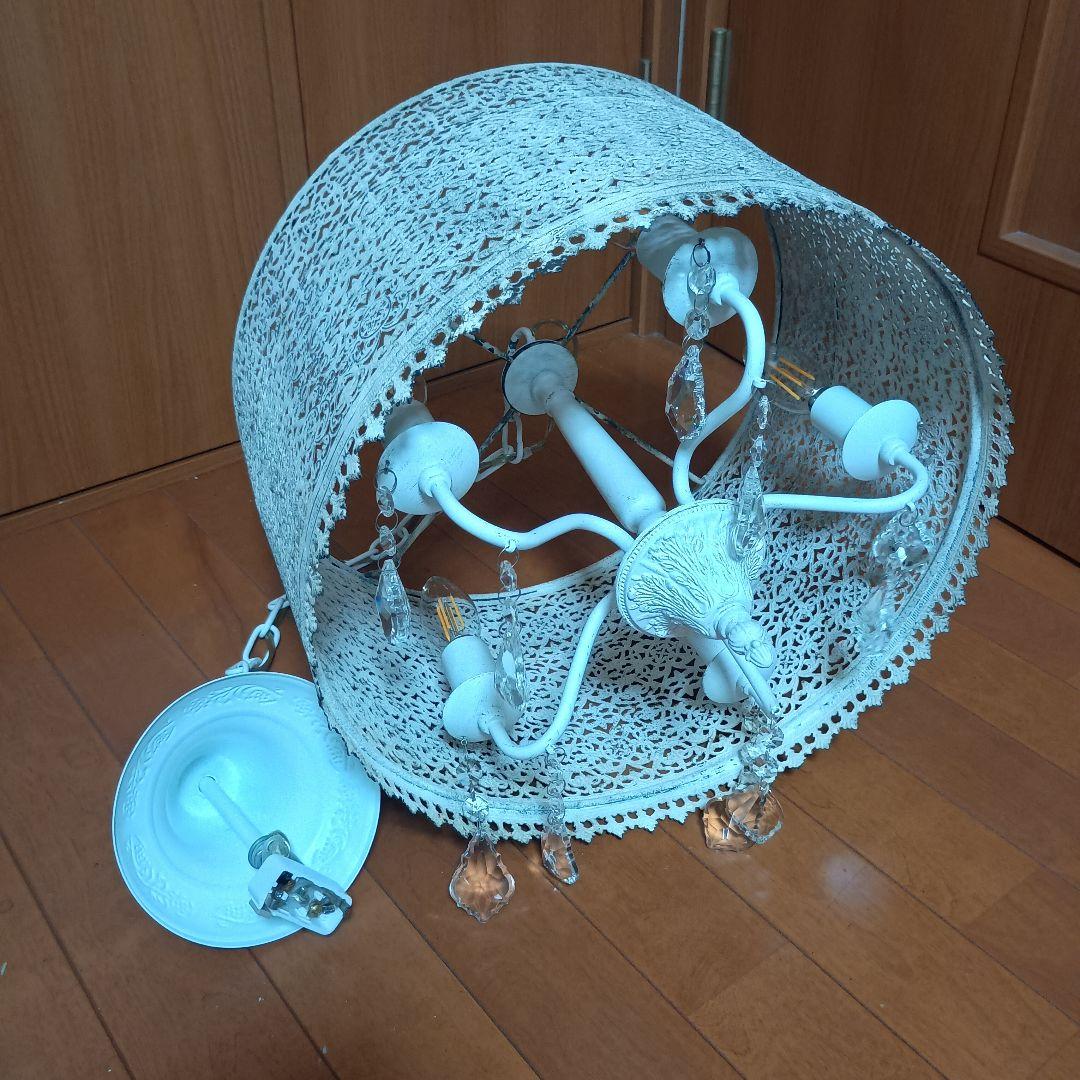 スチールシェード　シャンデリア　シャビーホワイト　5灯 LED電球付　モロッカン