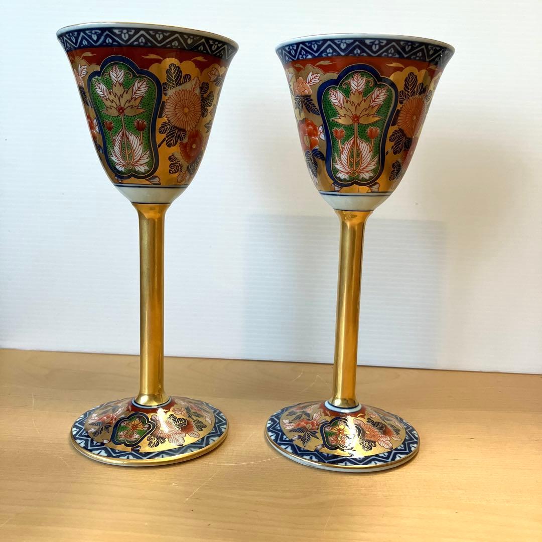 其泉作　極錦金彩古伊万里　日肥 其泉作　昭和年製　ペアワインカップ　元箱