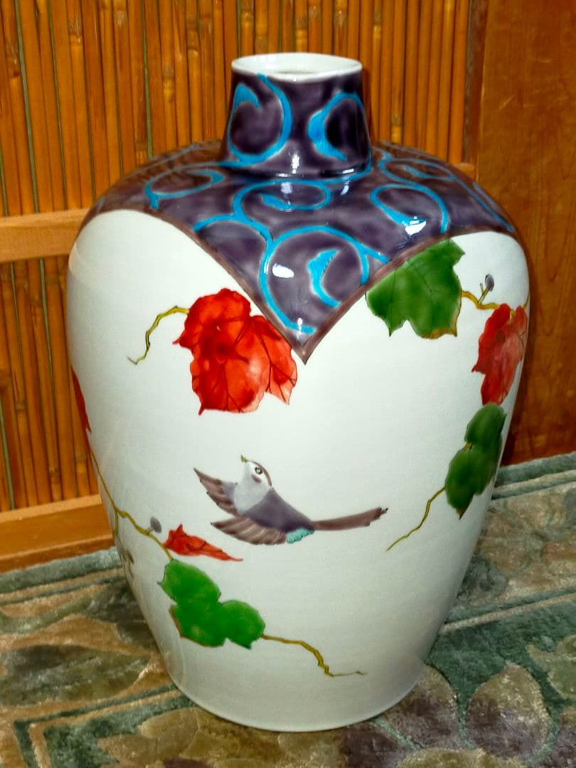 ♥九谷焼♥　花鳥文　♥　花瓶　♥　作家物　【聴】　共箱付き　花器　花入れ