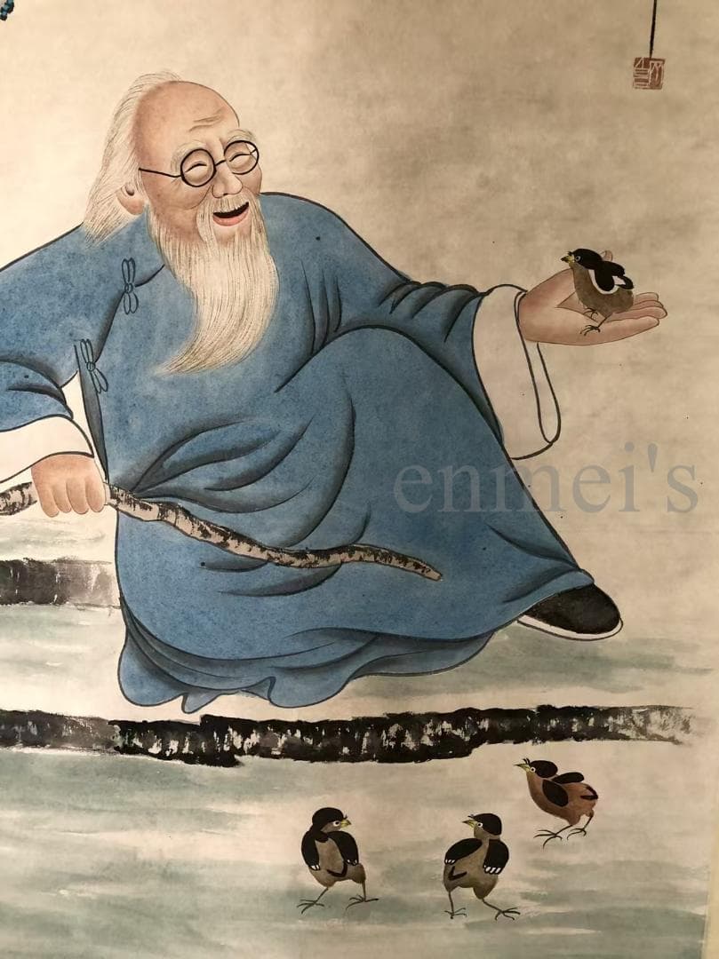 中国古美術・純手描き四尺人物掛軸・国画・斉白石印款・肉筆・宣紙・茶道・文房置物