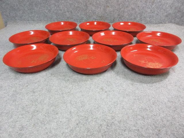 朱塗沈金蝶に花篭手木皿10枚 [B25497]