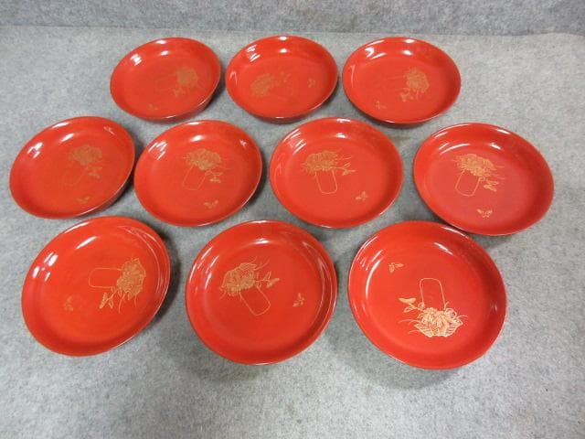 朱塗沈金蝶に花篭手木皿10枚 [B25497]