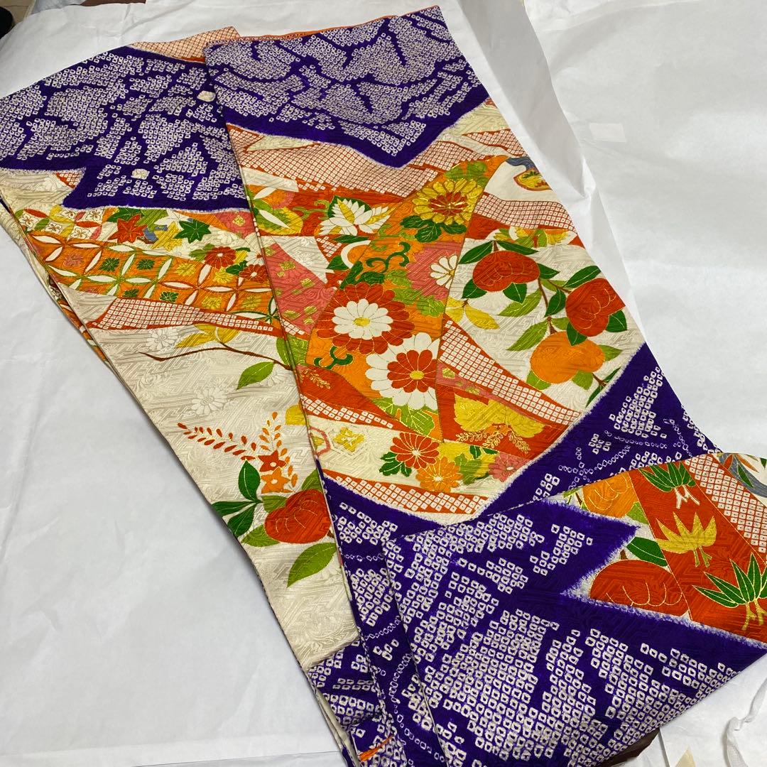 振袖　長襦袢　袋帯　3点セット　紺色　紫　有松絞り　鹿の子絞り　金駒刺繍　金彩