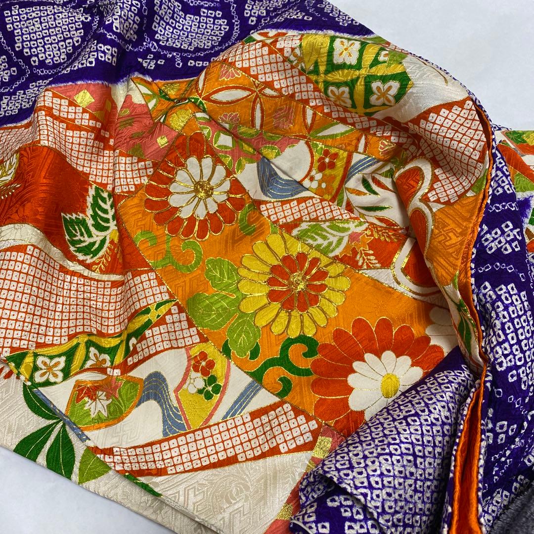 振袖　長襦袢　袋帯　3点セット　紺色　紫　有松絞り　鹿の子絞り　金駒刺繍　金彩