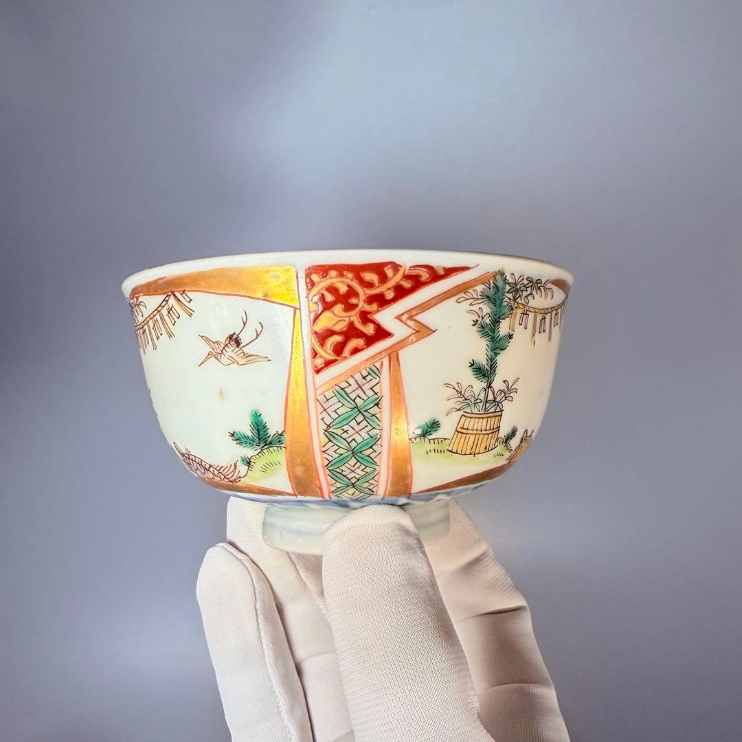 幕末～明治期　色絵鶴亀文様蓋物　五客　納箱付　料理屋　古器を楽しむ　金襴手　赤絵