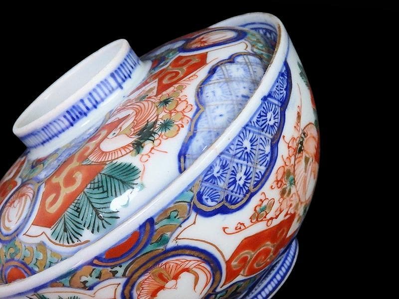 古伊万里　金襴手　若松に梅　舞鶴の図　大振蓋茶碗　２客　E170AS-fbtg