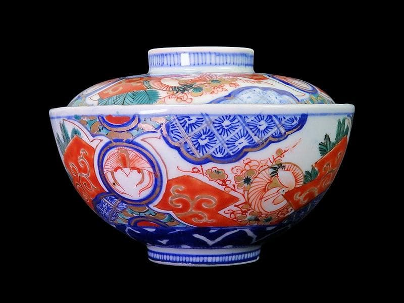 古伊万里　金襴手　若松に梅　舞鶴の図　大振蓋茶碗　２客　E170AS-fbtg