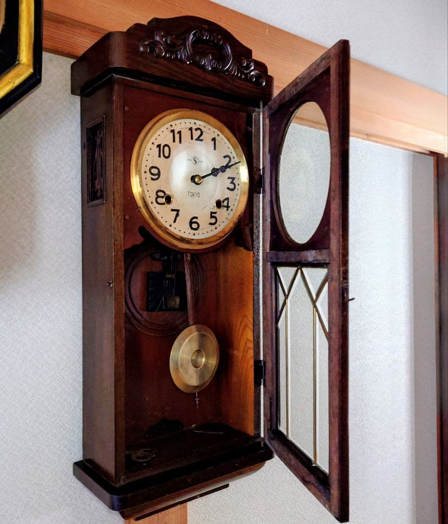 〈完動美品〉舘本時計　7面カットガラス宮型ゼンマイ振り子時計　ボンボン時計古時計