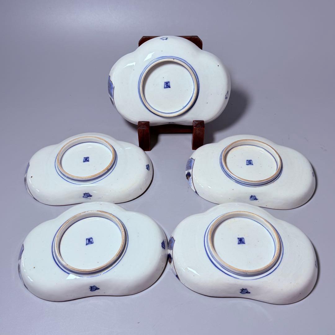 幕末～明治期　角冨　色絵扇絵変形皿　五客　裏千鳥文　金襴手　古器を楽しむ