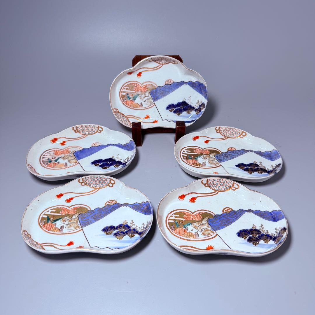 幕末～明治期　角冨　色絵扇絵変形皿　五客　裏千鳥文　金襴手　古器を楽しむ