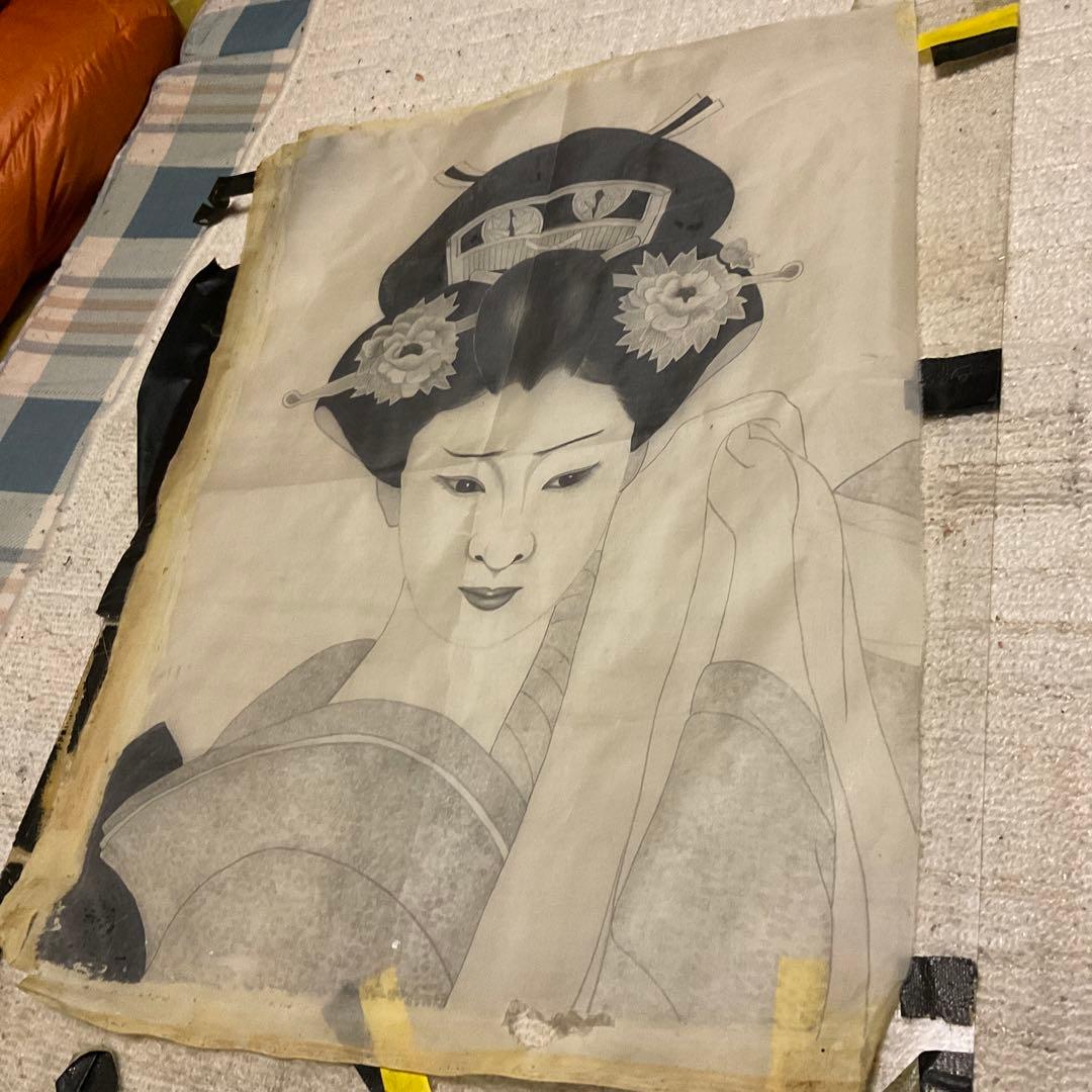 布絵　日本髪女性　【テープ痕、破れあり、折れあり】