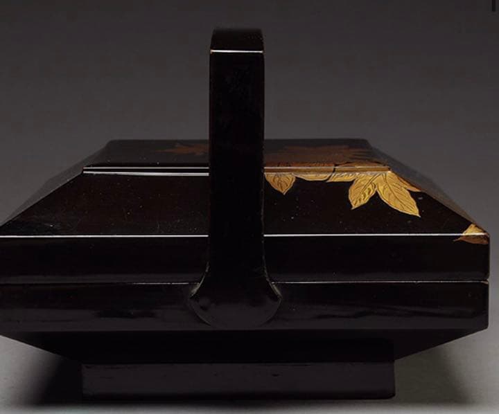 江戸後期〜明治期　高級茶道具　木箱付アンティーク木黒漆塗 草花蒔絵 提梁蓋付