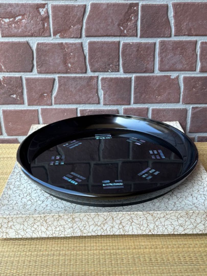 茶道具 八掛盆 木製 真塗 丸盆 螺鈿貝細工 漆器 紙箱付 ☆早いもの勝ち