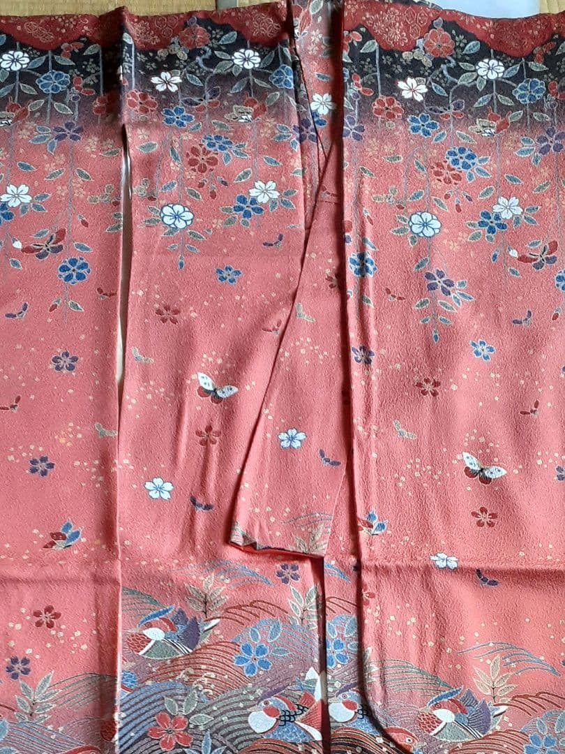 正統派 古典柄 振袖 朱赤 波文様 花鳥 身丈160 裄66