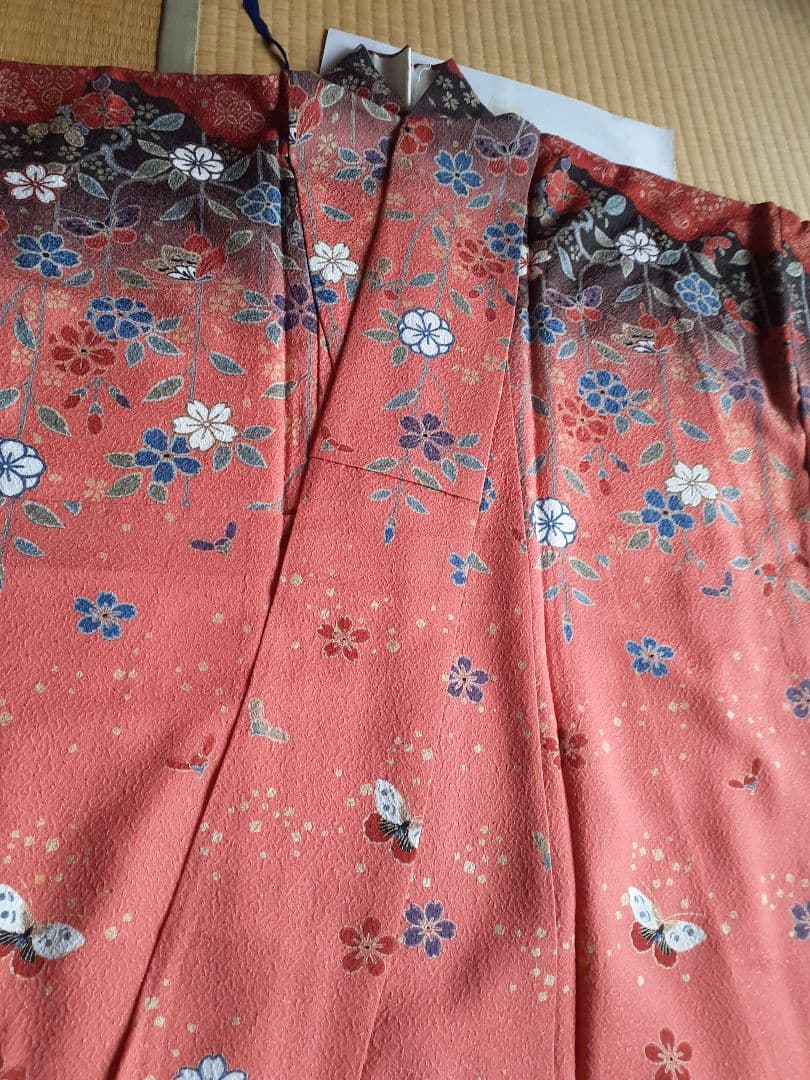 正統派 古典柄 振袖 朱赤 波文様 花鳥 身丈160 裄66