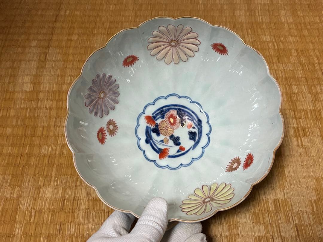 古伊万里 染付 金彩 菊紋 牡丹紋 輪花 深鉢 盛鉢 時代物