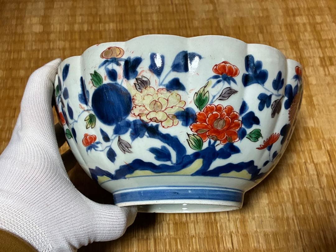 古伊万里 染付 金彩 菊紋 牡丹紋 輪花 深鉢 盛鉢 時代物