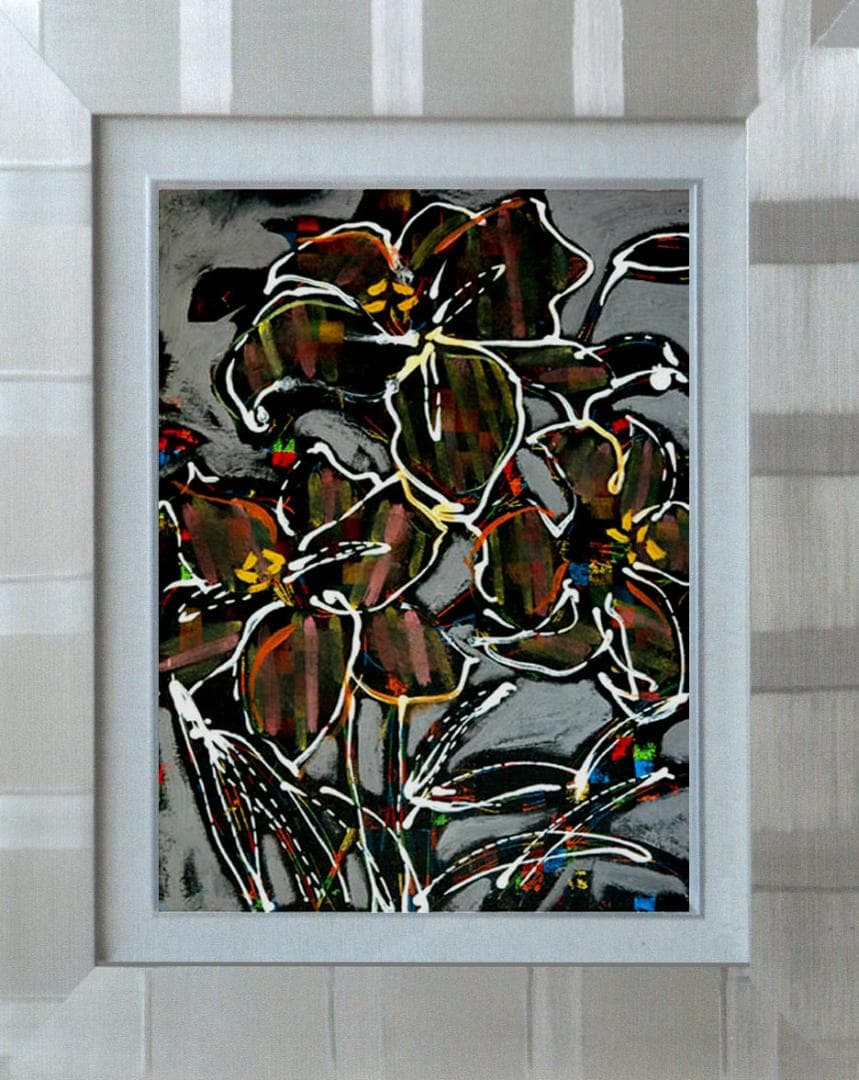 油絵 菅家令子 絵画インテリア額付(青緑＋金色の枠) F4-090416 花ゆり