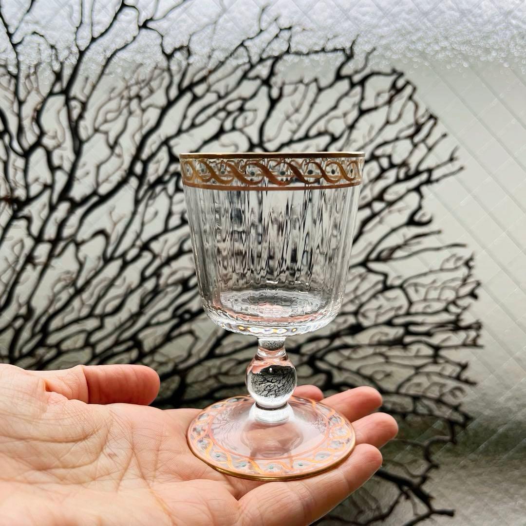 骨董　時代ガラス　モールガラス　金彩　エナメル彩　薄張り　筒型　脚付グラス　盃