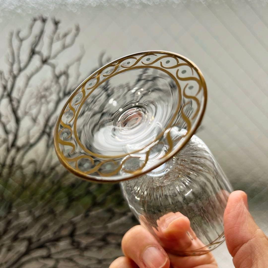 骨董　時代ガラス　モールガラス　金彩　エナメル彩　薄張り　筒型　脚付グラス　盃