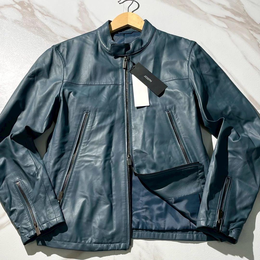 未使用タグ付✨JOSEPH 八の字ジップ 羊革 シングルライダースジャケット 紺