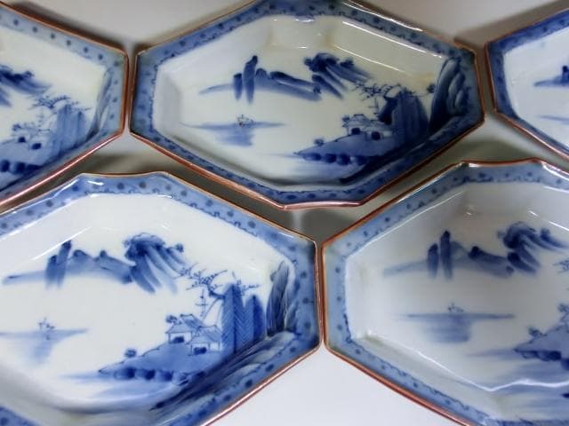 皿■古い染付菱形皿 5枚 山郷山水船図 変皿 明治期 時代物 骨董品 珍品■