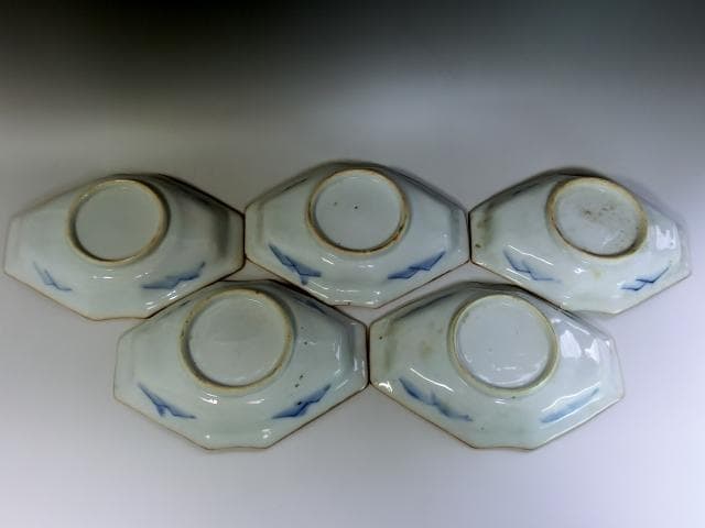 皿■古い染付菱形皿 5枚 山郷山水船図 変皿 明治期 時代物 骨董品 珍品■