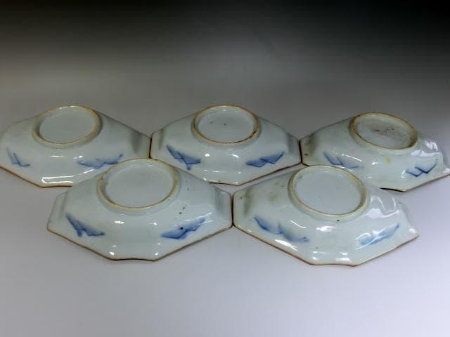 皿■古い染付菱形皿 5枚 山郷山水船図 変皿 明治期 時代物 骨董品 珍品■