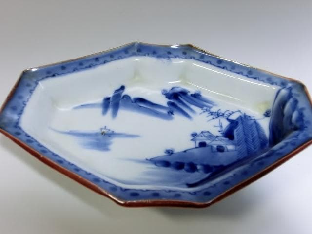 皿■古い染付菱形皿 5枚 山郷山水船図 変皿 明治期 時代物 骨董品 珍品■