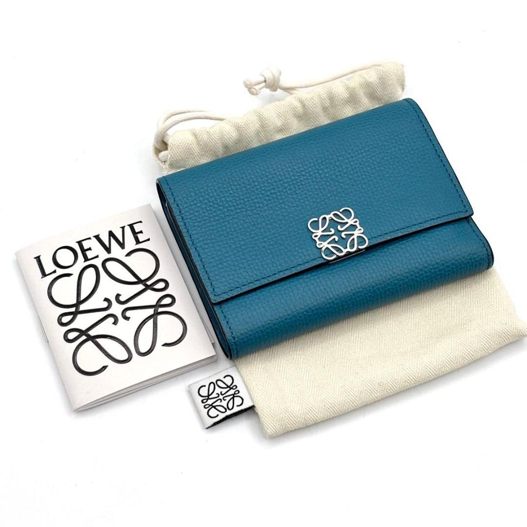 外新品同様 ロエベ トライフォールド ウォレット アナグラム 三つ折り財布 青
